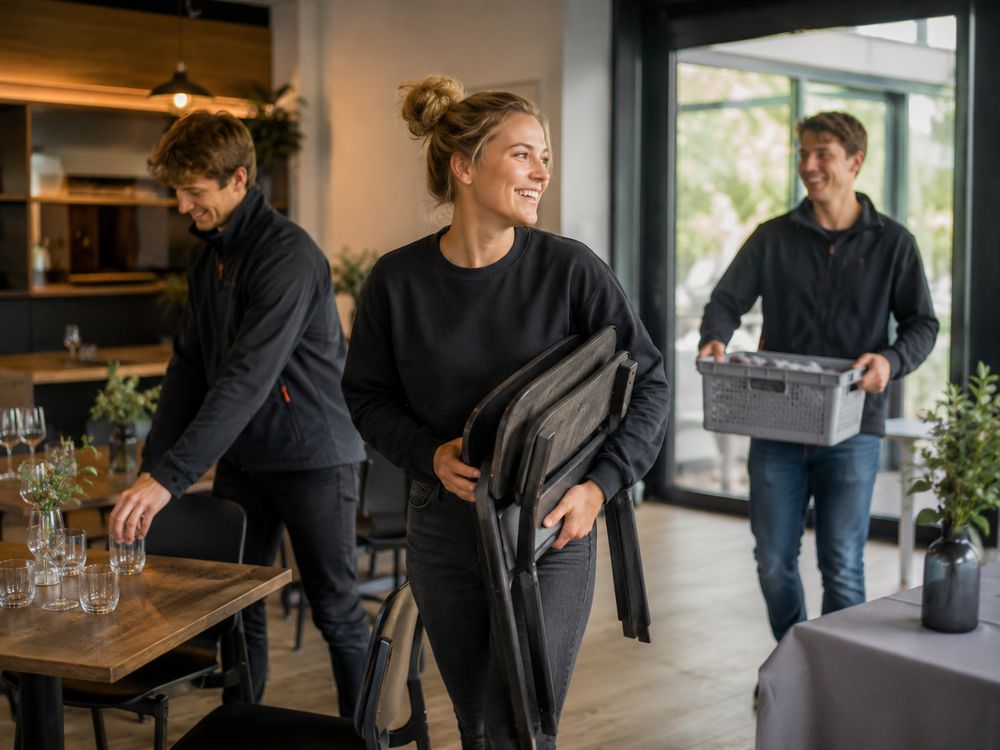 Werkers bouwen een horecaruimte op met stoelen en glaswerk