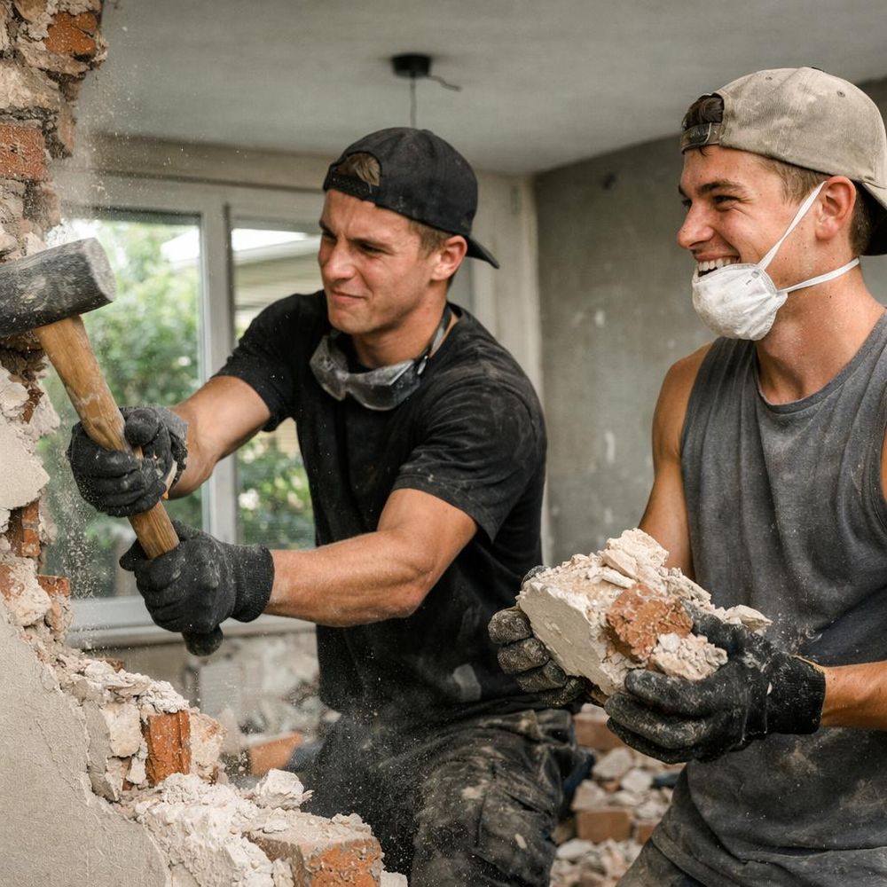Twee werkers slopen een muur met beschermende handschoenen