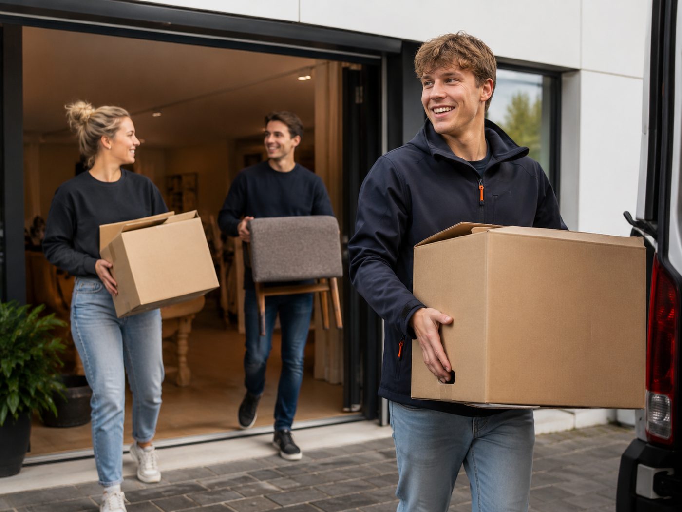 Drie jonge werkers dragen verhuisdozen en een stoel naar een verhuisbus